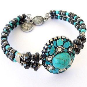 Turquoise Natural Stone Hematite Cord Bracelet Han